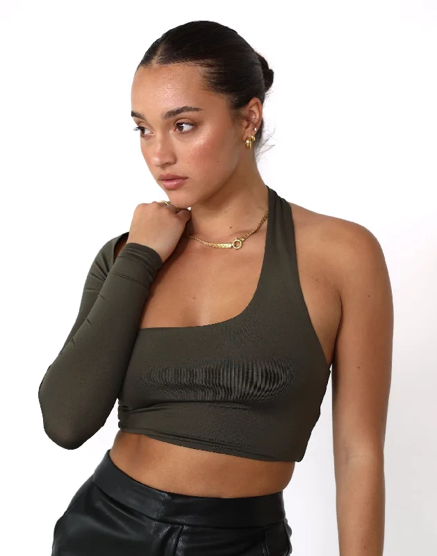 women's tops with spaghetti straps and deep V-necksRyleigh Crop Top (Burnt Olive)