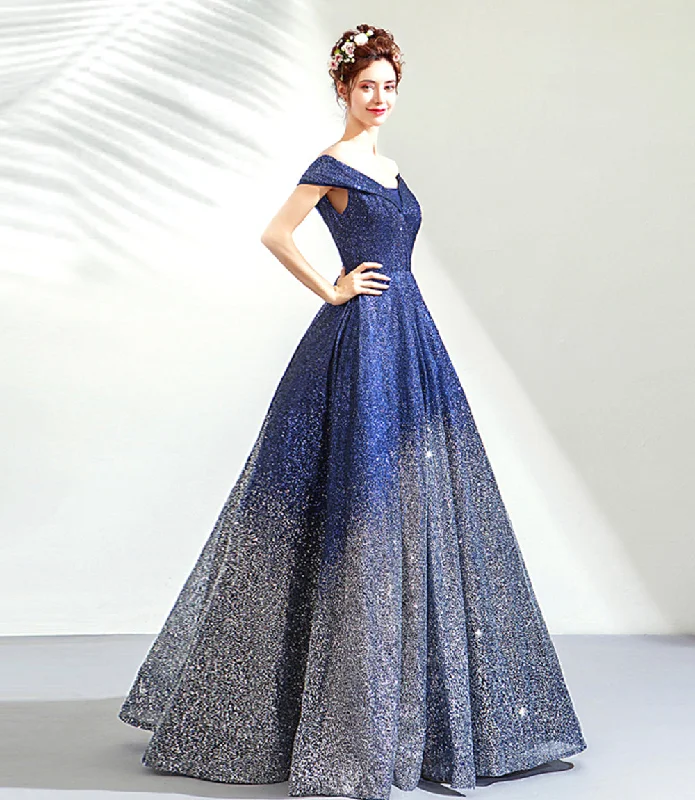 Party DressBlue sequins long ball gown dress blue evening dress  8513