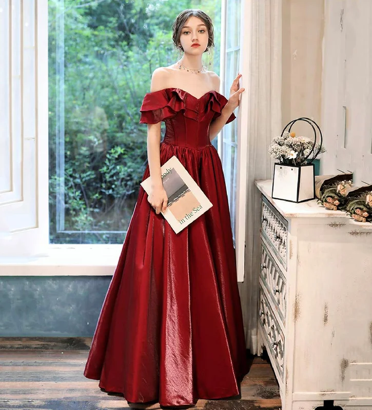 Fit-And-Flare DressBurgundy satin long prom dress evening dress  8510