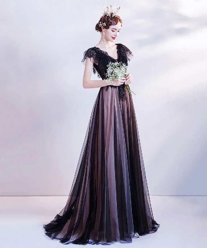 Wedding DressBlack v neck tulle long prom dress evening dress  8512