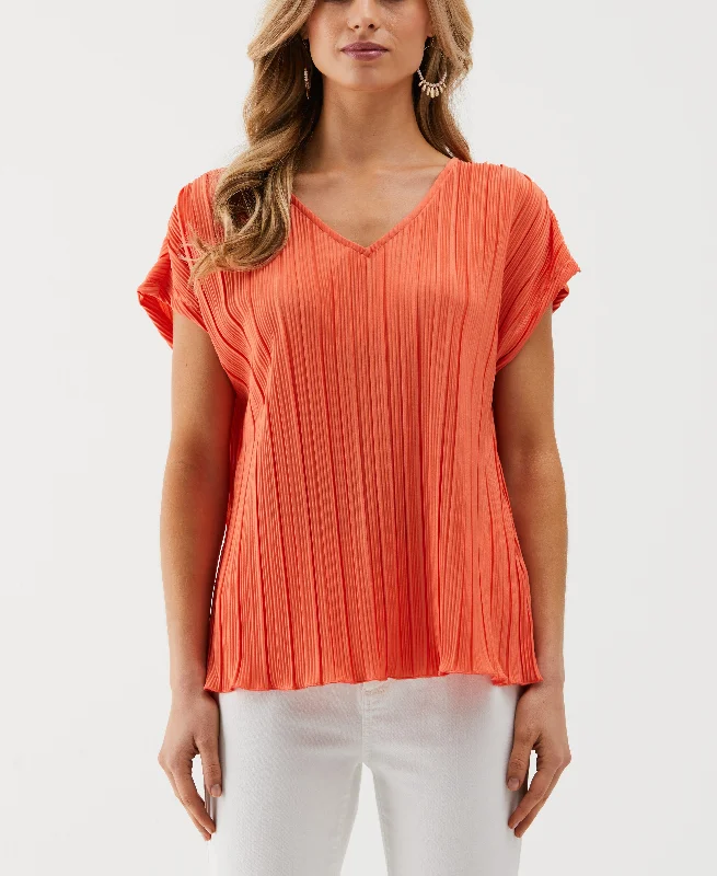 women's tops with lace-up frontsPetite V-Neck Plisse Top