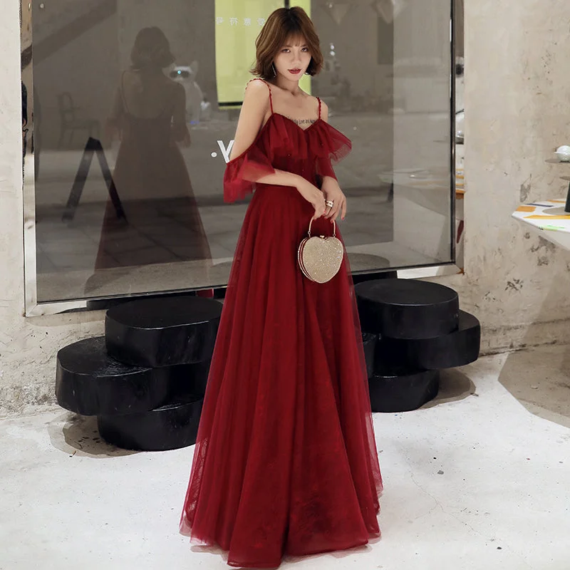 women's boho dressesBurgundy lace long prom dress simple evening dress  8227