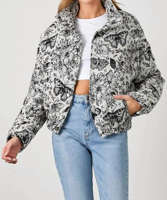 women's coats with asymmetrical hemswomen's coats with asymmetrical hemsFantasia Floral Jacquard Puff Jacket In Grey