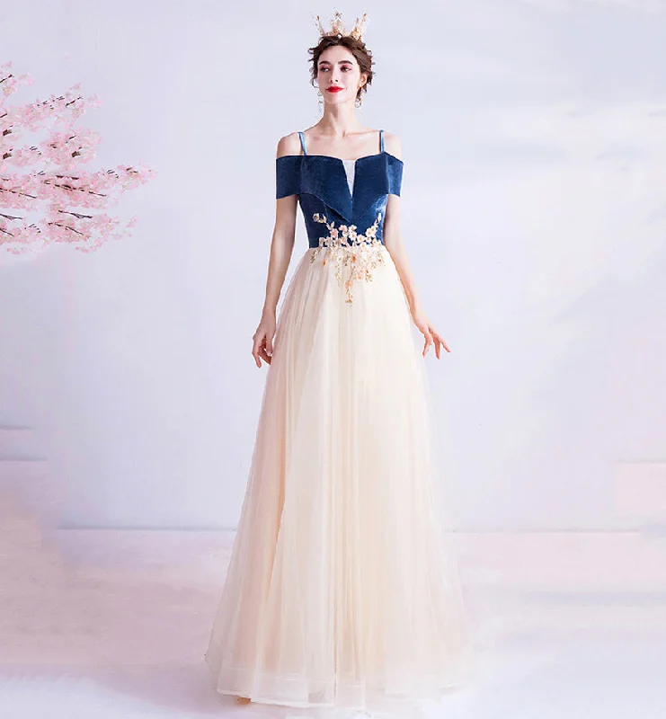 women's floral dressesBlue velvet tulle long prom dress evening dress  8447