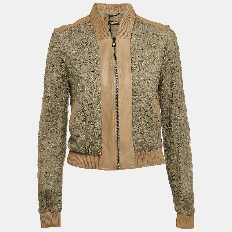 women's coats with floral printswomen's coats with floral printsDolce & Gabbana Green Leather Trim Lace Bomber Jacket