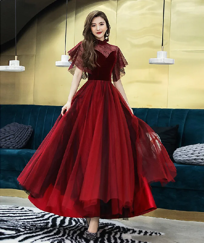 Peplum Hem DressBurgundy velvet tulle prom dress burgundy evening dress  8380