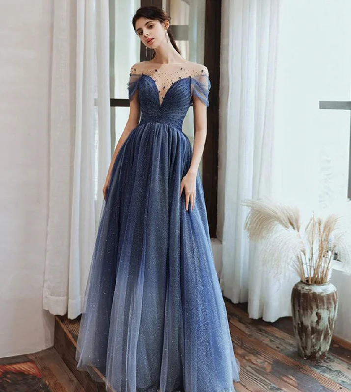 women's plus-size dressesBlue tulle beads long prom dress evening dress  8434