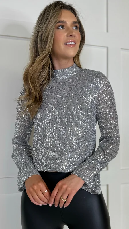 women's tops for smart casual looksSelina Silver Sequin High Neck Top