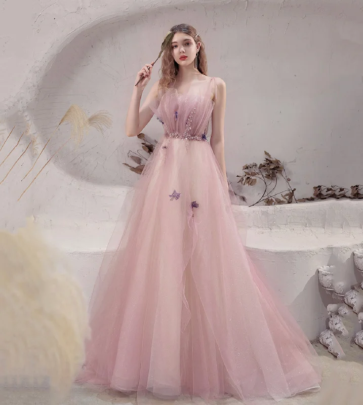 Leather DressPink tulle long A line prom dress evening dress  8570