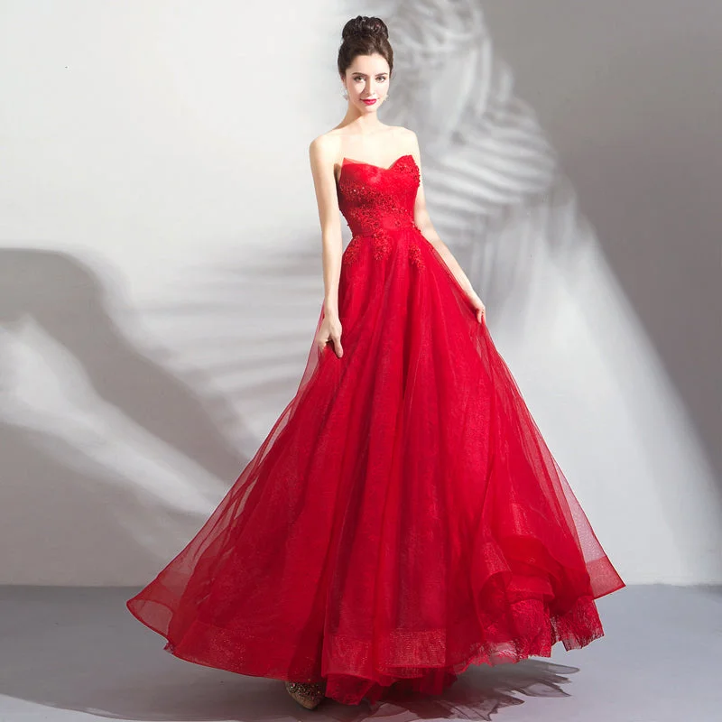 Backless DressRed tulle long prom dress red evening dress  8297