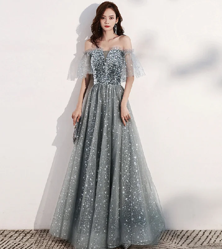 Wrap DressShiny tulle long prom dress with sequins gray evening dress  8405