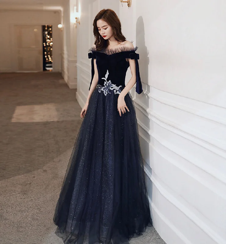 women's prom dressesBlue velvet tulle long prom dress evening dress  8457