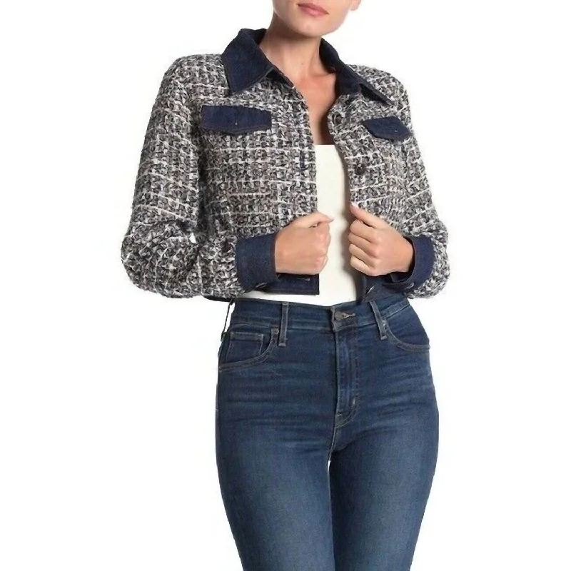 women's coats that offer both functionality and fashion-forward flairwomen's coats that offer both functionality and fashion-forward flairTweed Glitter Contrast Denim Crop Jacket In Blue