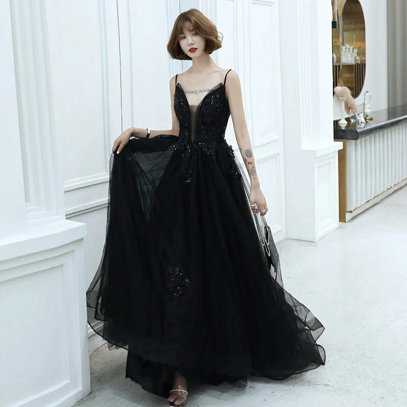 Ball Gown DressBlack v neck tulle beads long prom dress evening dress  8213