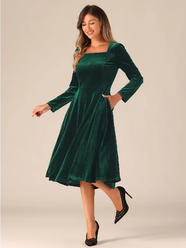 women's cotton dressesPocketed Long Sleeve Velvet Square Neck Midi A-Line Dress