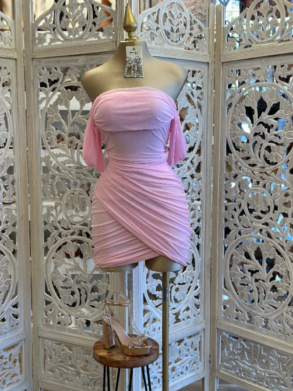 women's cold-shoulder dressesCotton Pink Draped Mini Dress