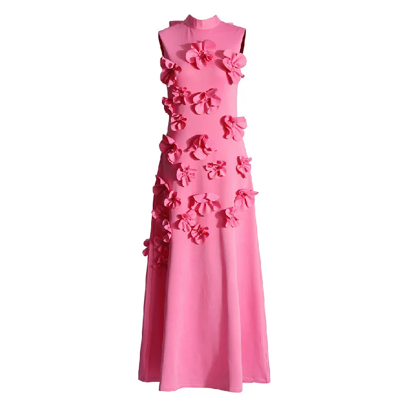 Lace DressElegant Mock Neck Bow Tie Back Sleeveless A Line Rosette Midi Dress