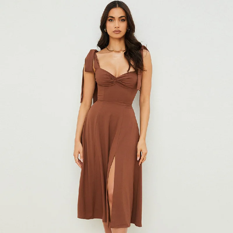 Formal DressVintage Bow Tie Fit & Flare High Slit Midi Sundress - Coffee