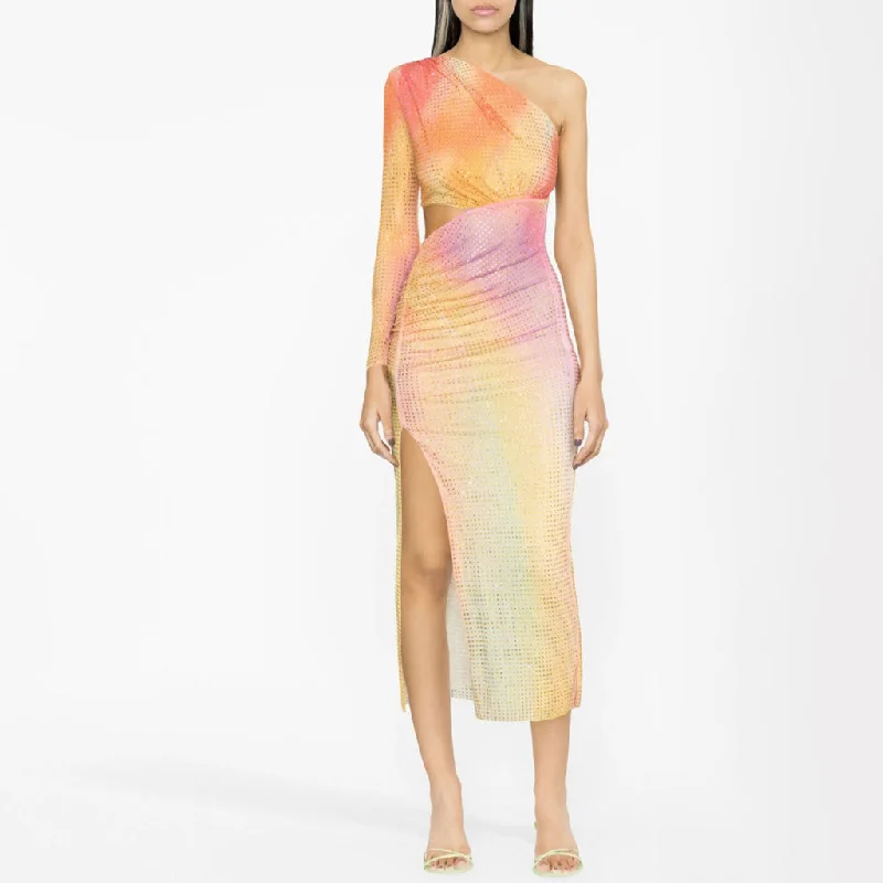 Maternity DressOmbre Rainbow Rhinestone Cutout Split Ruched One Shoulder Mesh Midi Cocktail Dress