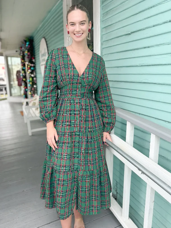 Petite DressThe Jace Plaid Midi Dress-Green