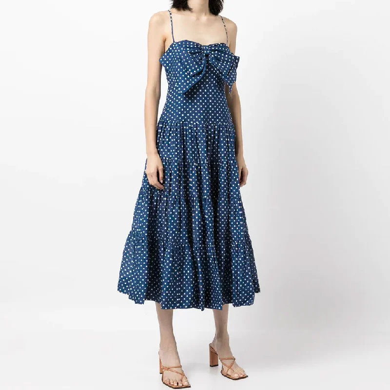 women's pear-shaped body dressesAdorable Polka Dot Bow Trim A-Line Slip Midi Dress - Blue