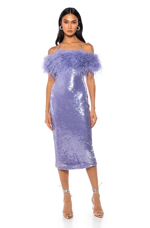 women's casual Friday dressesLOLO FEATHER DETAIL SEQUIN MAXI DRESS IN PURPLE