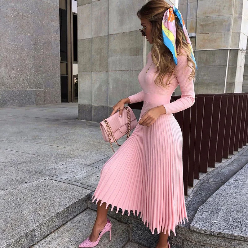 women's ball gown dressesRibbed Long Sleeve High Neck Knit Pleated Midi Sweater Dress - Pink