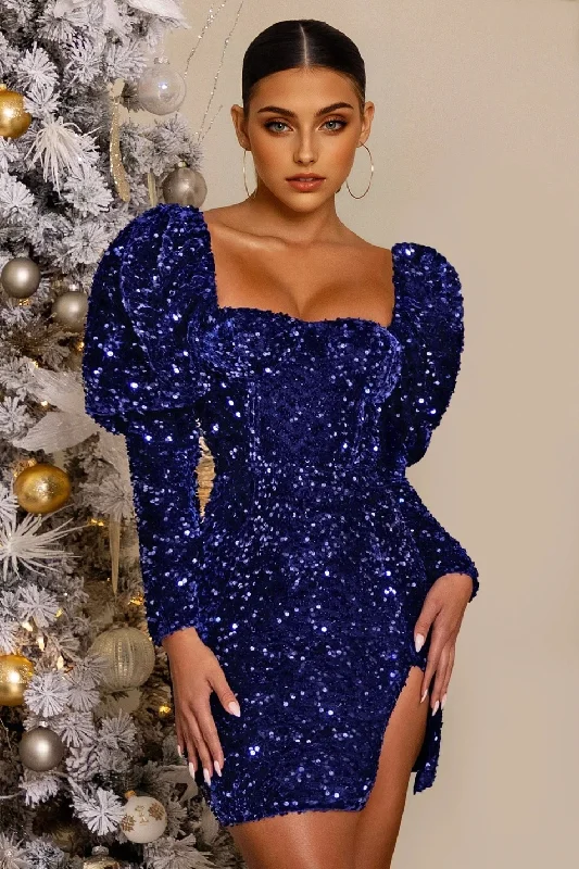 women's casual dressesJuliaFashion - 2024  Solid Sequins Square Neck Puff Sleeve Club Mini Dress