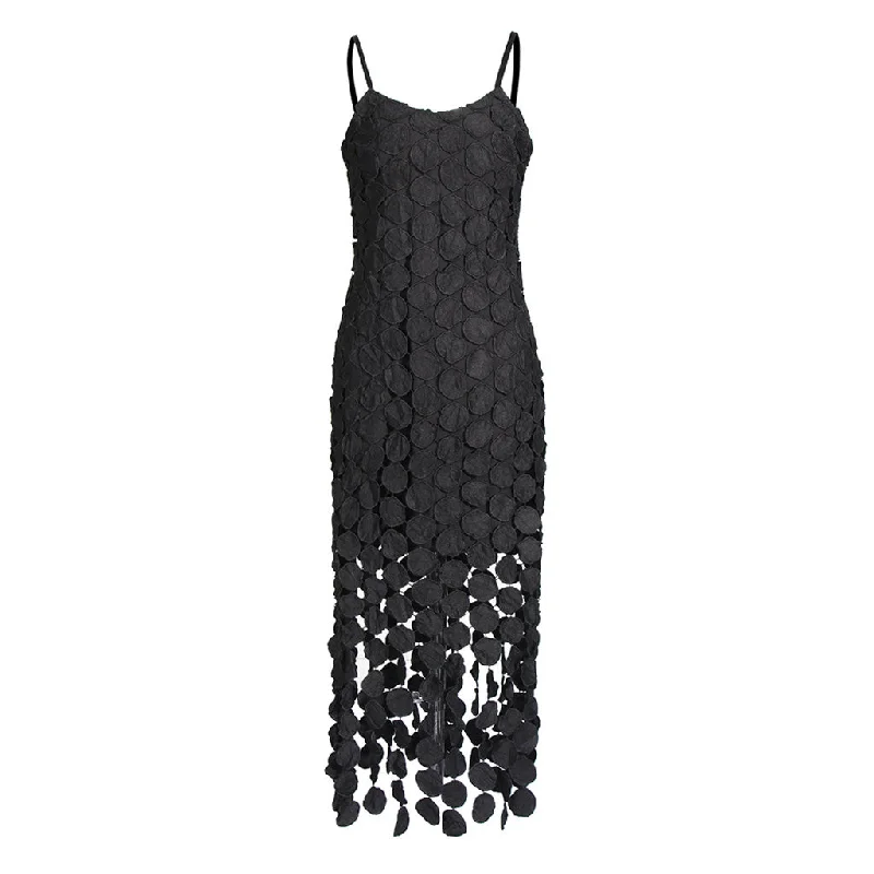 Velvet DressSexy Embroidery Lacer Cutout Fringe Trim Spaghetti Strap Midi Slip Dress