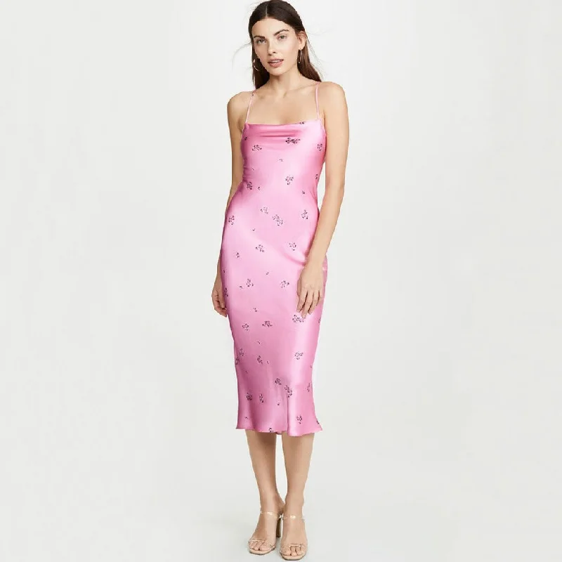 Peplum DressGlossy Ditsy Floral Print Backless Satin Slip Midi Dress - Pink