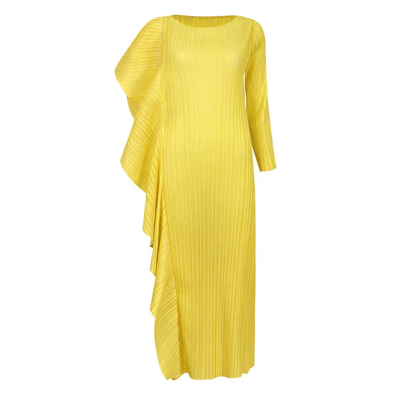 Flutter-Sleeve DressAsymmetrical Ruffled Side Round Neck 3/4 Sleeve Bodycon Pleated Midi Dress