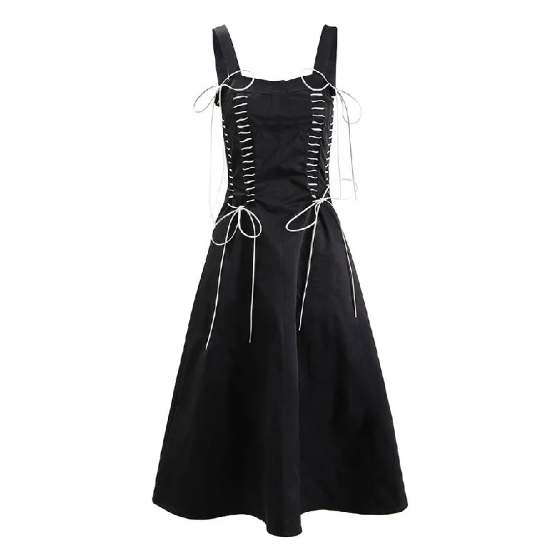 women's stretch dressesVintage Contrast Stitch Lace Up Bow Tie Bustier A Line Midi Sundress