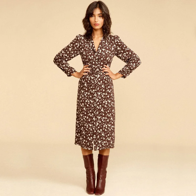 women's floral dressesVintage Long Sleeve Button Front V Neck Midi Floral Dress - Coffee