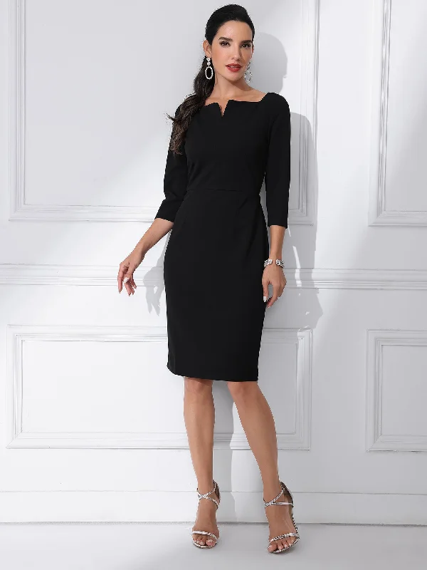 women's bodycon dressesNotch Neck 3/4 Sleeve Work Office Business Midi Sheath Dress