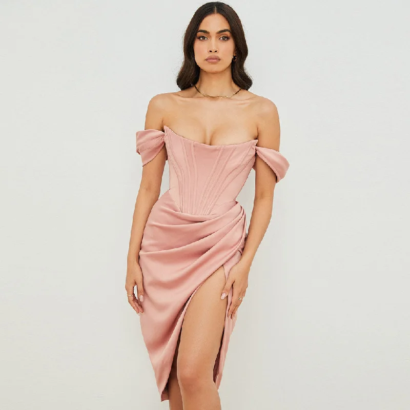 women's hourglass figure dressesSilky Satin Off Shoulder High Slit Drape Corset Midi Dress - Pink