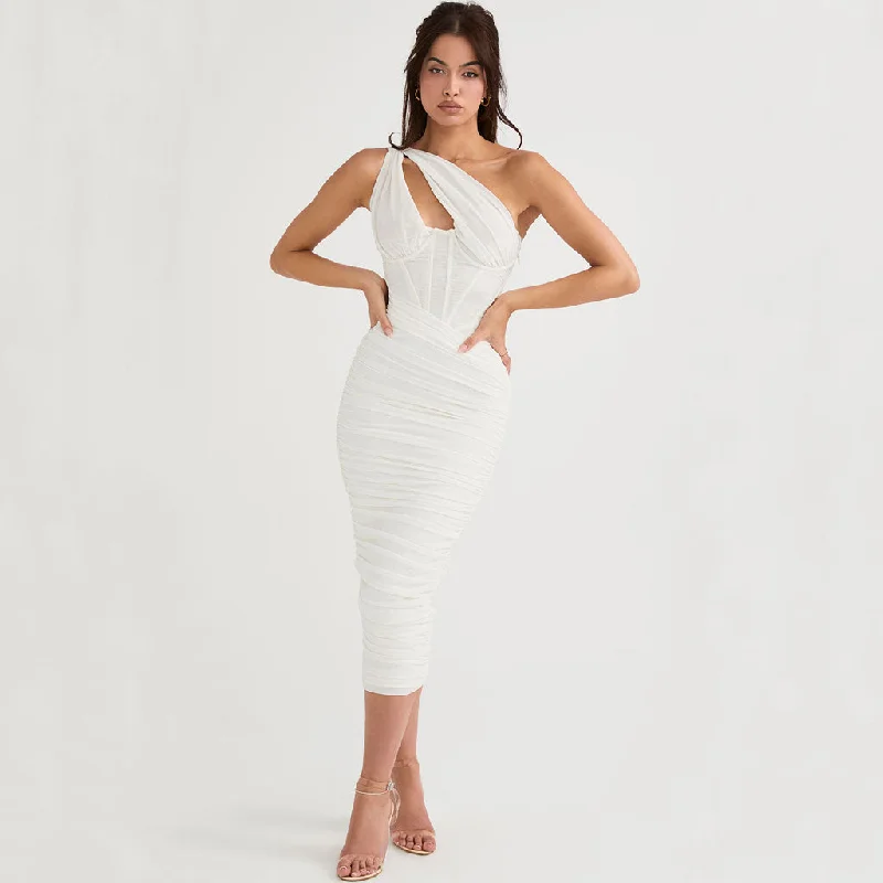 women's plus-size dressesAsymmetric One Shoulder Cutout Ruched Corset Mesh Midi Dress - White