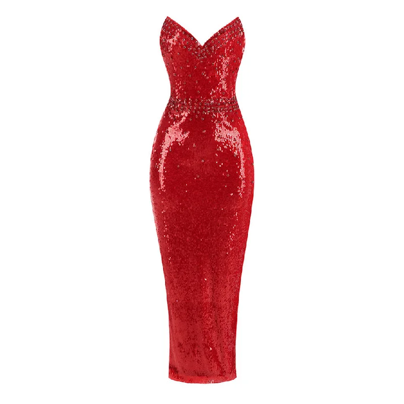 Skater DressGlitter Strapless Crystal & Sequin Embellished Sheath Midi Cocktail Dress