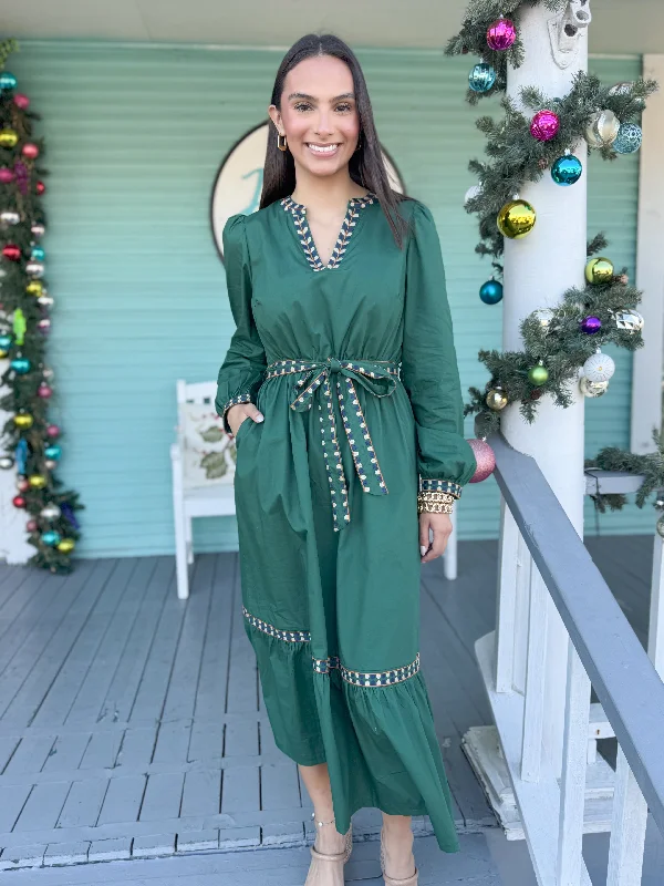 Sequined DressThe Reba Embroidered Tiered Midi Dress-Green