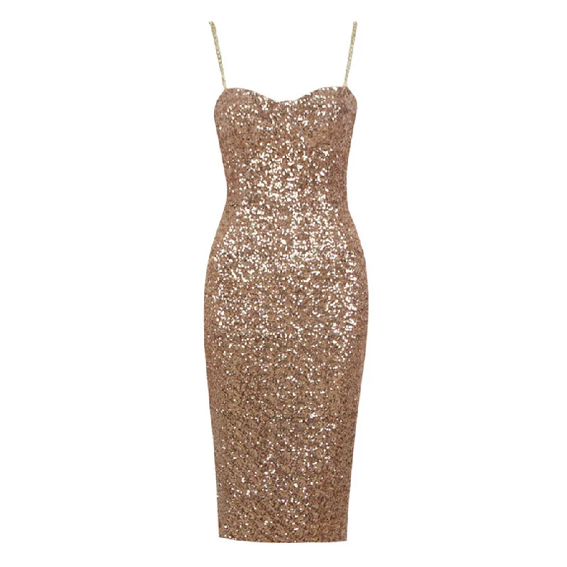 Ruffle DressSparkly Metallic Chain Strap Sweetheart Bustier Bodycon Sequin Midi Dress