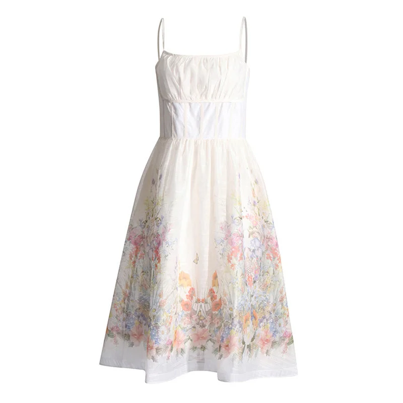 Cut-Out DressFrench Style Square Neck Smocked Corset Floral Printed Midi Sundress