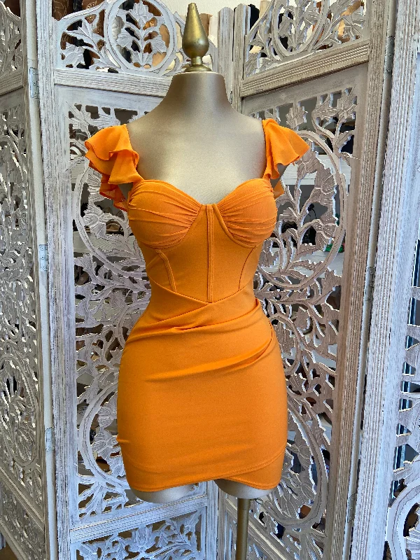 women's smart casual dressesOrange Ruffle Sleeve Mini Dress