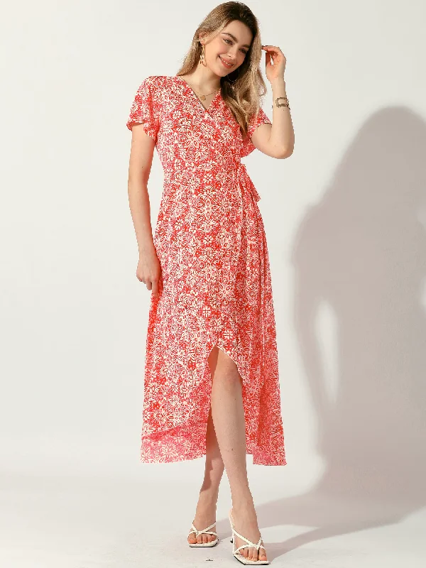 women's wedding guest dressesBoho Floral Flutter Sleeve Summer Beach Wrap Midi Dress