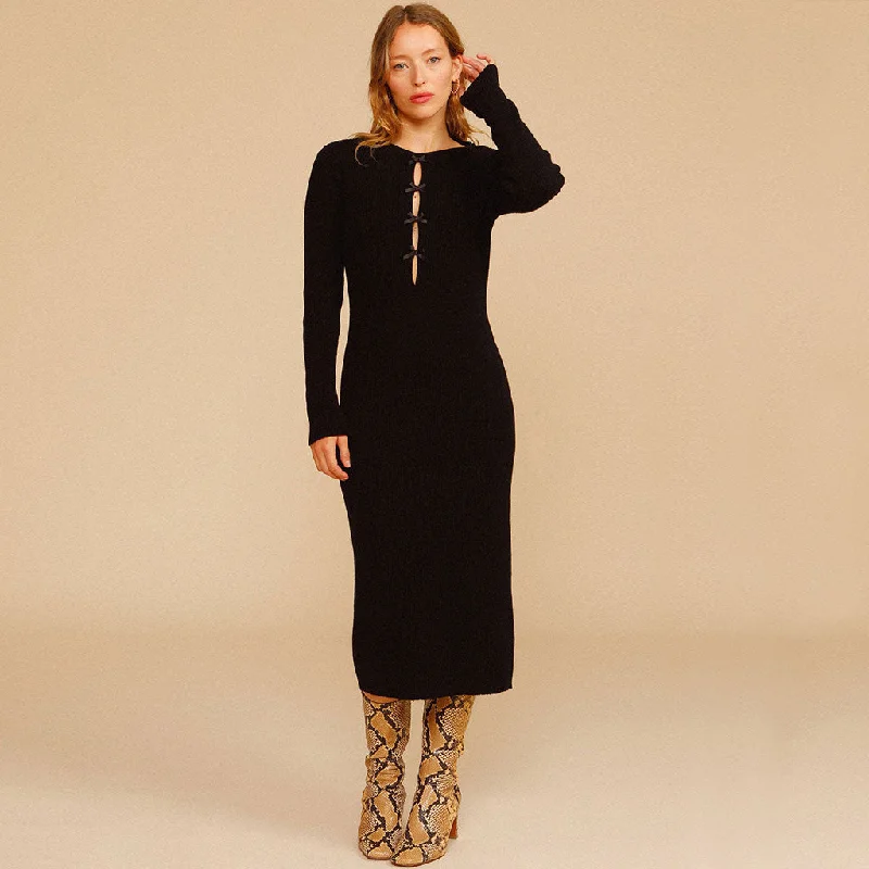 women's casual Friday dressesBowknot Trim Cutout Long Sleeve Rib Knit Midi Sweater Dress - Black