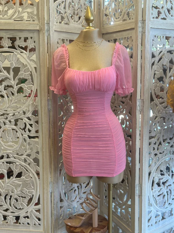 women's bodycon dressesMesh Sleeve Pink Mini Dress