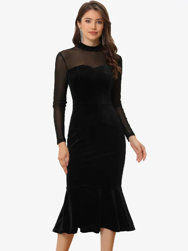 women's tall dressesBodycon Elegant Velvet Sheer Mesh Mock Neck Midi Cocktail Dress