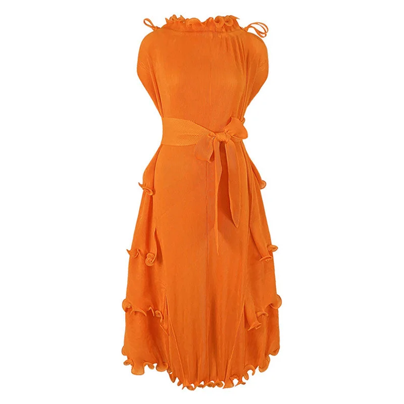 women's made-to-order dressesUnique Drawstring Ruffled Mock Neck Self Tie Belted Pleated Midi Dress