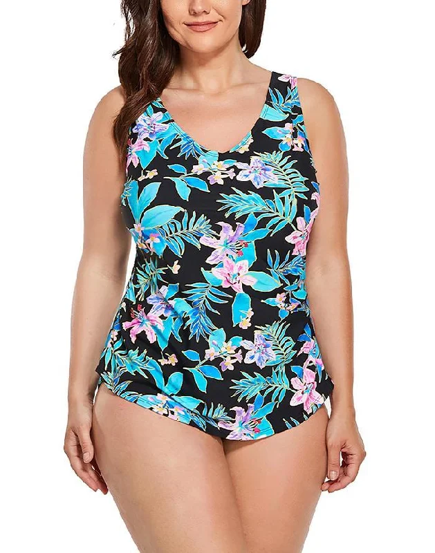 Chlorine-Free Female SwimwearPink Floral Sarong Front One Piece Swimsuit