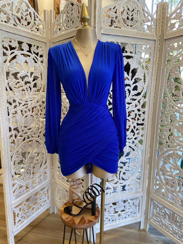 women's velvet dressesRoyal Blue Wrapped Deep V Mini Dress