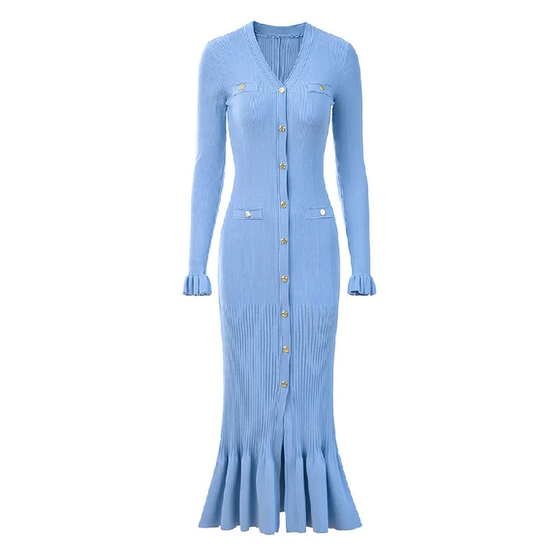 Wedding DressOpulent Button Up Long Sleeve Pointelle Knit Ribbed Fishtail Sweater Midi Dress