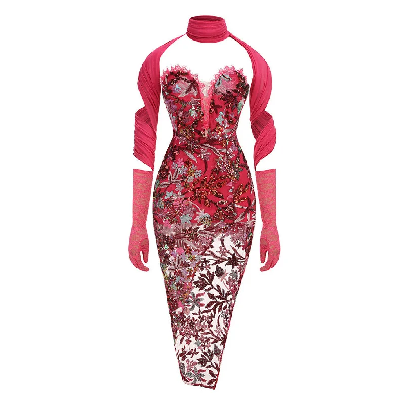 Spaghetti Strap DressUnique Gloved Scarf Sequin Floral Embroidered Mesh Eyelash Strapless Midi Dress